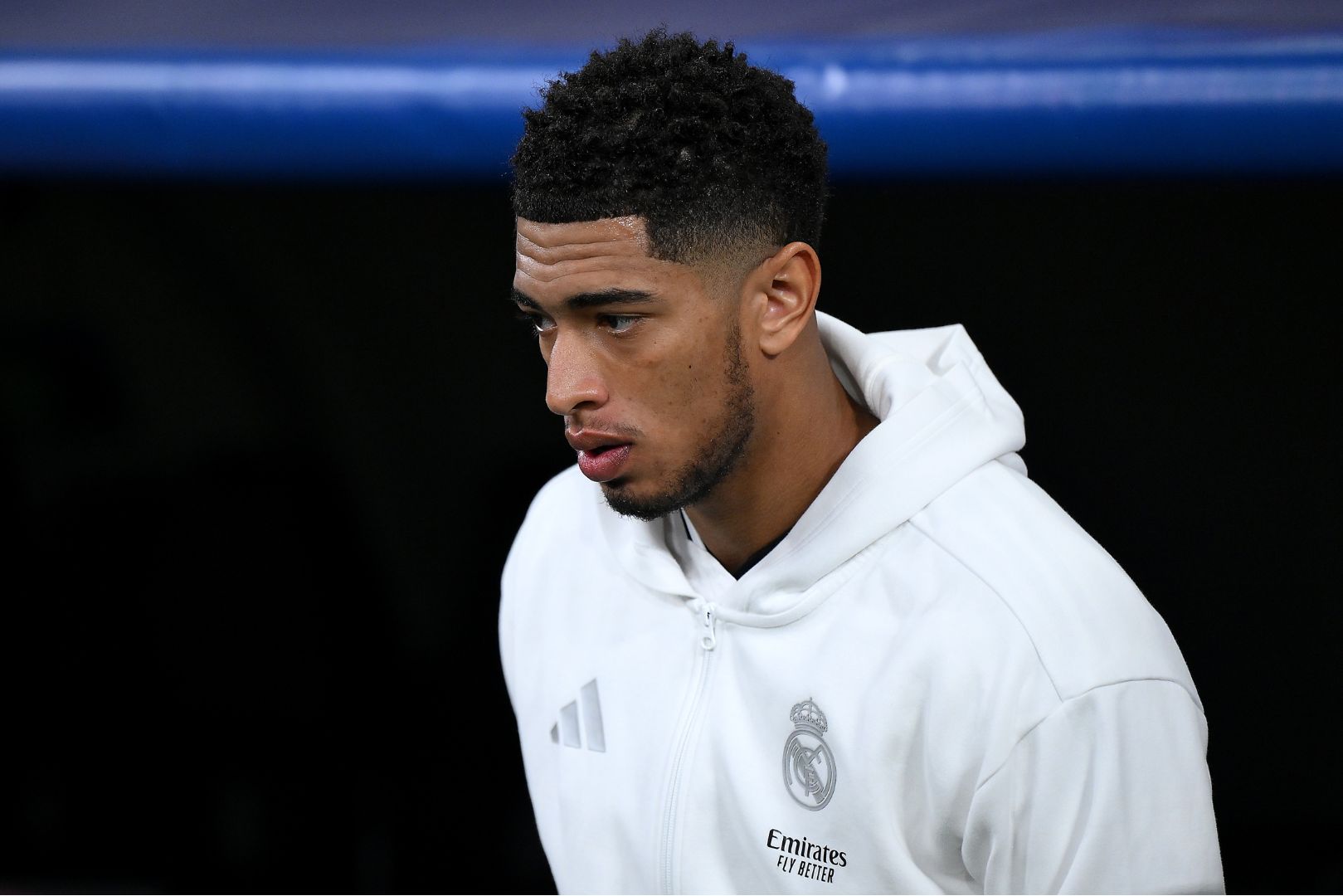 MADRID, SPAIN - FEBRUARY 19: Jude Bellingham of Real Madrid lines up on the pitch prior to the UEFA Champions League 2024/25 League Knockout Play-off second leg match between Real Madrid C.F. and Manchester City at Santiago Bernabeu Stadium on February 19, 2025 in Madrid, Spain.