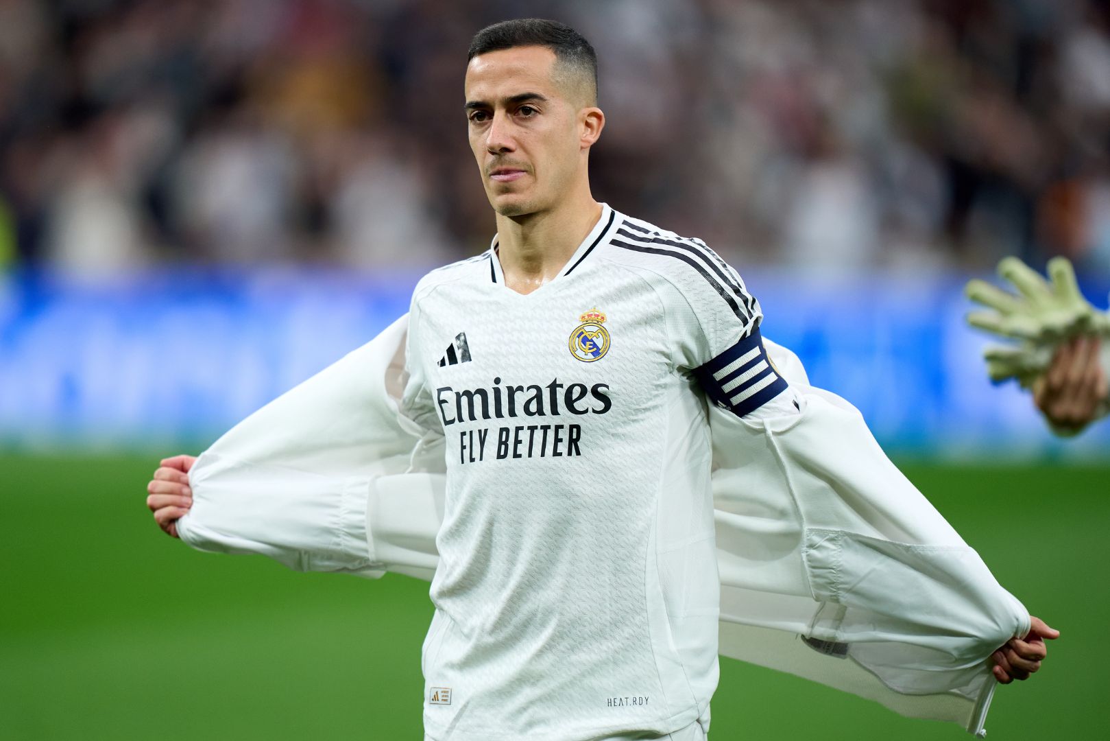 MADRID, SPAIN - JANUARY 19: Lucas Vazquez of Real Madrid looks on prior to the LaLiga match between Real Madrid CF and UD Las Palmas at Estadio Santiago Bernabeu on January 19, 2025 in Madrid, Spain.