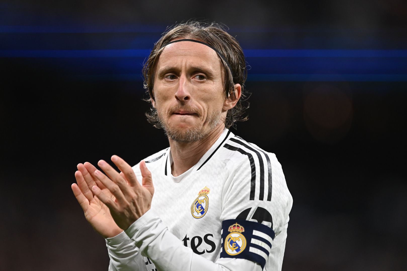 MADRID, SPAIN - FEBRUARY 23: Luka Modric of Real Madrid reacts during the LaLiga match between Real Madrid CF and Girona FC at Estadio Santiago Bernabeu on February 23, 2025 in Madrid, Spain.