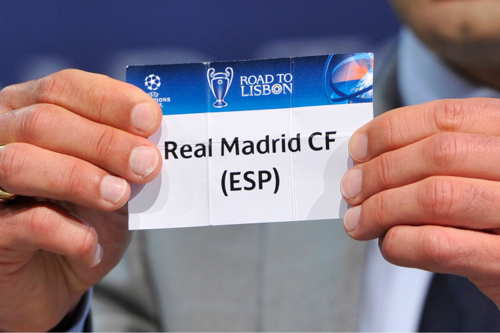 NYON, SWITZERLAND - MARCH 21: Real Madrid CF is drawn during the UEFA Champions League 2013/14 season quarter-finals draw at the UEFA headquarters, The House of European Football, on March 21, 2014 in Nyon, Switzerland.