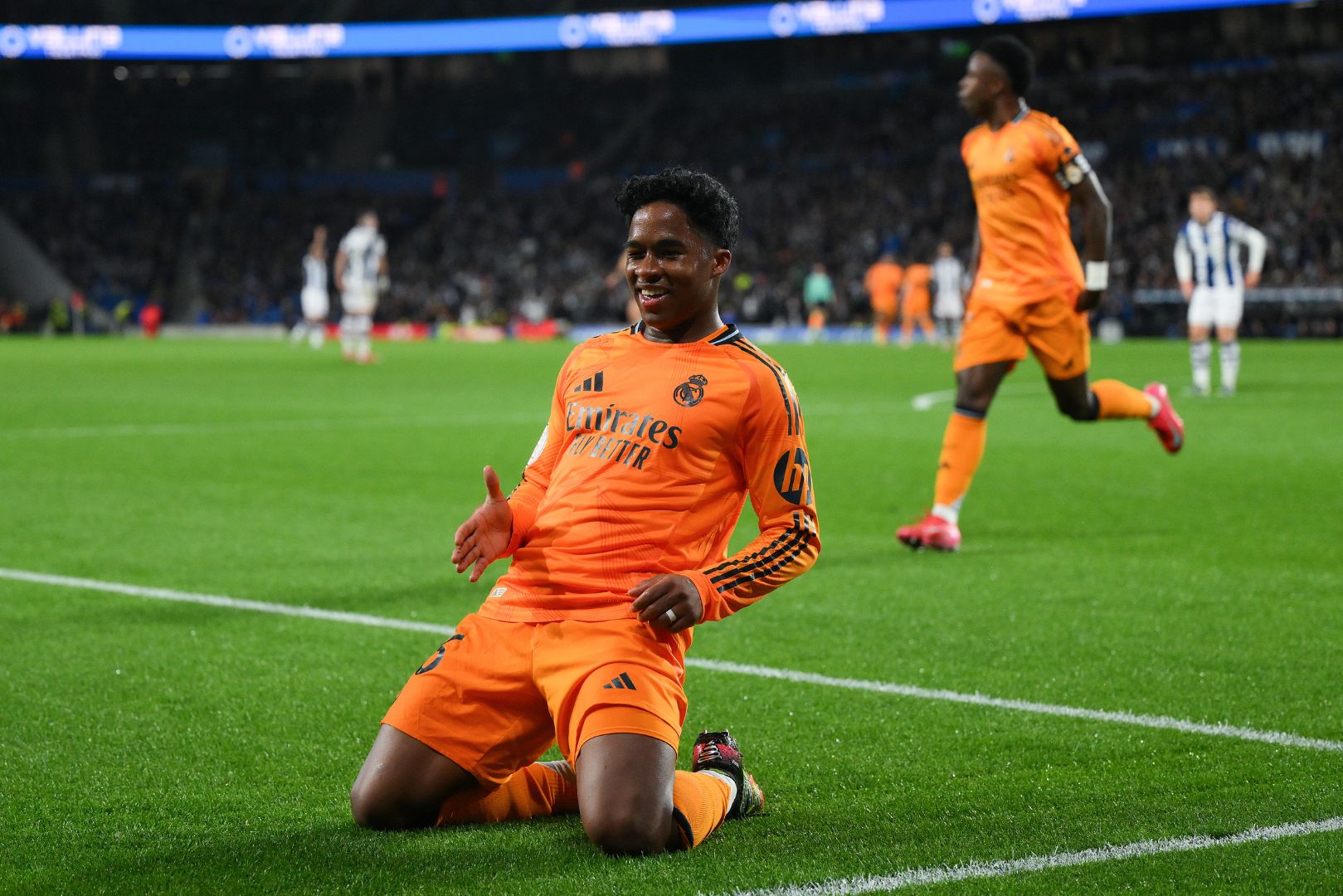 SAN SEBASTIAN, SPAIN - FEBRUARY 26: Endrick of Real Madrid celebrates their team's first goal during the Copa del Rey Semi Final match between Real Sociedad and Real Madrid at Reale Arena on February 26, 2025 in San Sebastian, Spain.