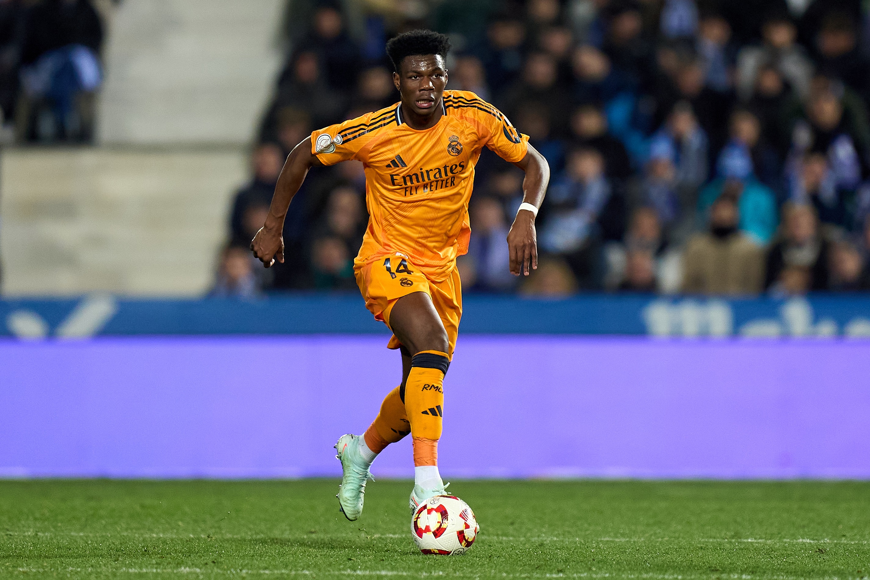 LEGANES, SPAIN - FEBRUARY 05: Aurelien Tchouameni of Real Madrid runs with the ball during the Copa del Rey Quarter Final match between CD Leganes and Real Madrid CF at Estadio Municipal de Butarque on February 05, 2025 in Leganes, Spain.