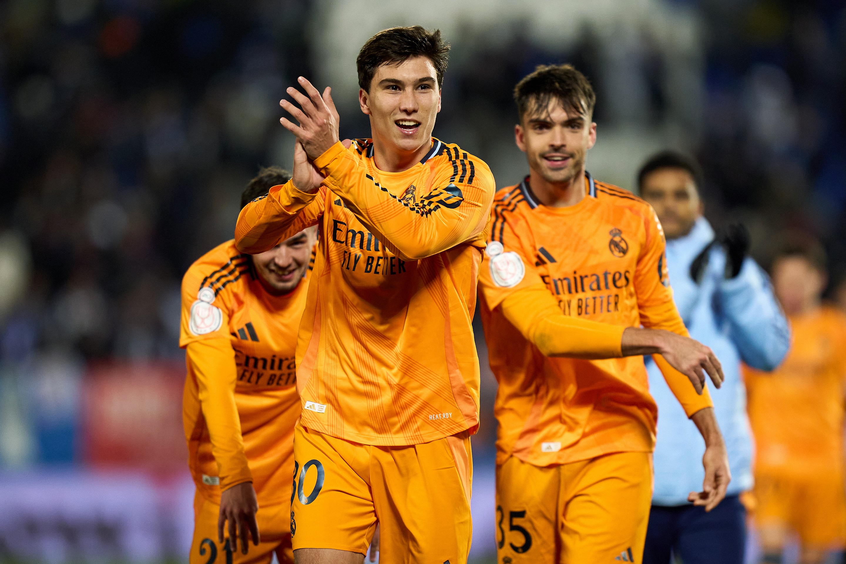 LEGANES, SPAIN - FEBRUARY 05: Gonzalo Garcia of Real Madrid acknowledges the fans after the Copa del Rey Quarter Final match between CD Leganes and Real Madrid CF at Estadio Municipal de Butarque on February 05, 2025 in Leganes, Spain.