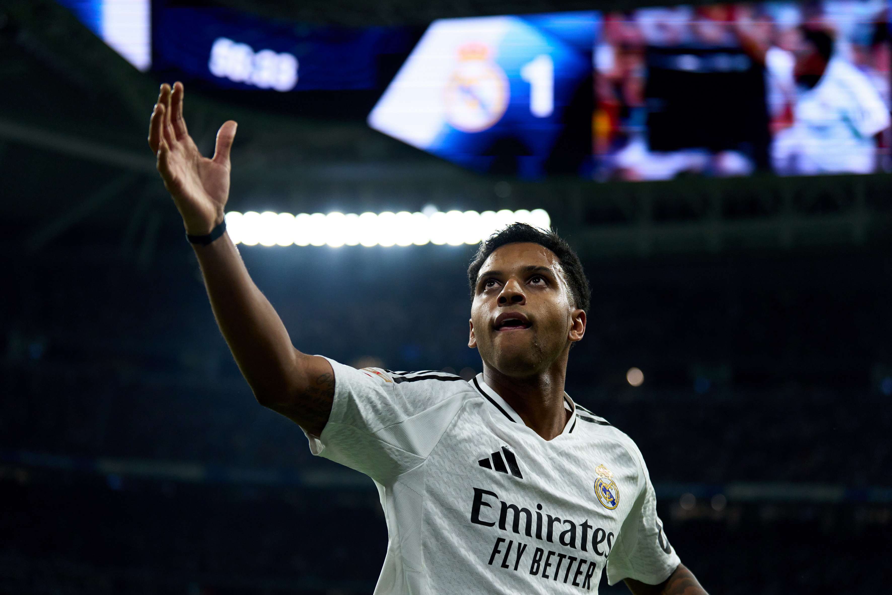 MADRID, SPAIN - FEBRUARY 08: Rodrygo Goes of Real Madrid looks on during the LaLiga match between Real Madrid CF and Atletico de Madrid at Estadio Santiago Bernabeu on February 08, 2025 in Madrid, Spain.