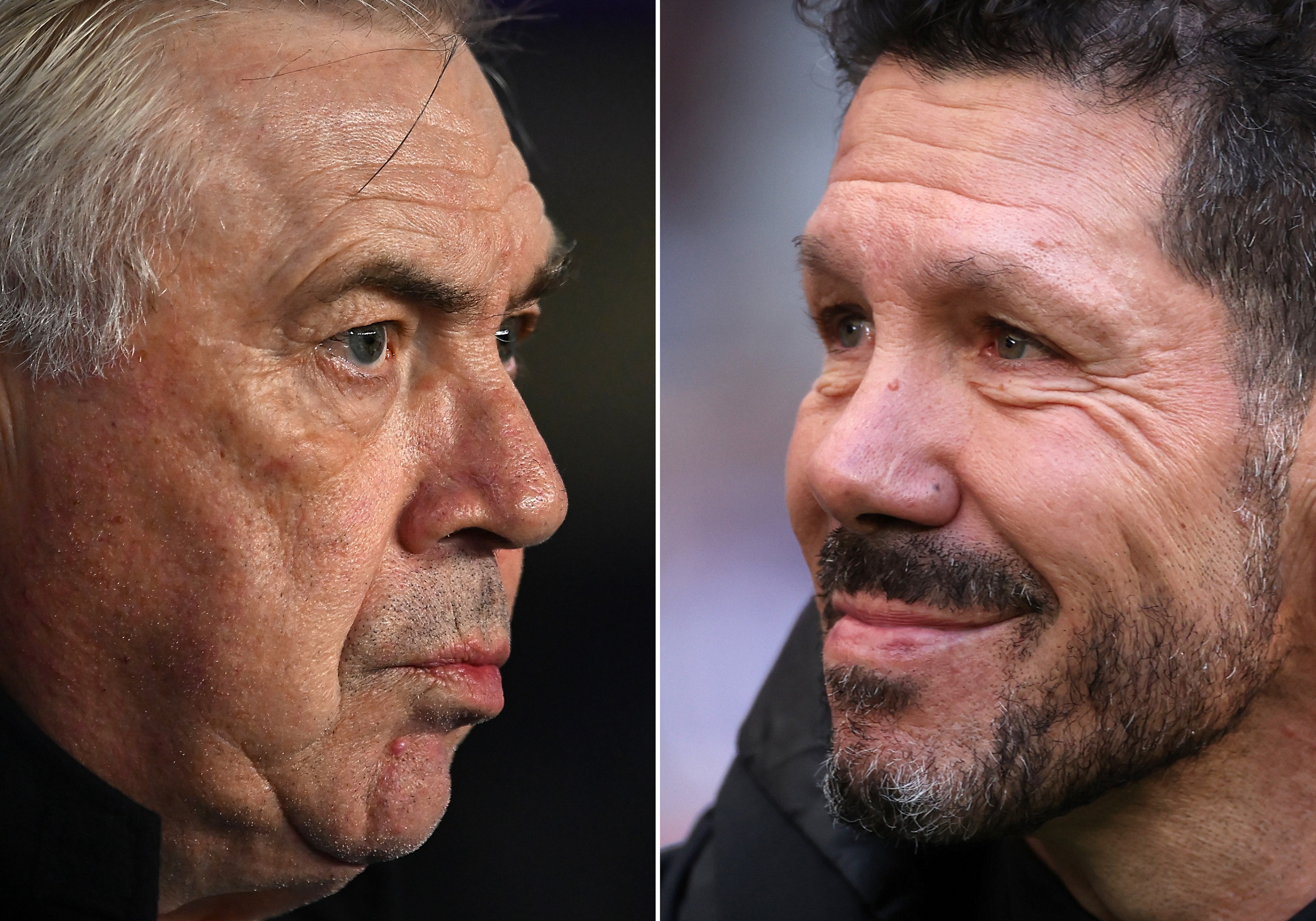 FILE PHOTO (EDITORS NOTE: COMPOSITE OF IMAGES - Image numbers 2196173511, 2190053489) In this composite image a comparison has been made Carlo Ancelotti, Head Coach of Real Madrid (L) and Diego Simeone, Head Coach of Atletico de Madrid. Real Madrid and Atletico de Madrid meet in the Madrid Derby in a La Liga fixture on February 8,2025 at the Estadio Santiago Bernabeu in Madrid, Spain. ***LEFT IMAGE*** VALLADOLID, SPAIN - JANUARY 25: Carlo Ancelotti, Head Coach of Real Madrid, looks on prior to the LaLiga match between Real Valladolid CF and Real Madrid CF at Jose Zorrilla on January 25, 2025 in Valladolid, Spain. (Photo by Denis Doyle/Getty Images) ***RIGHT IMAGE*** MADRID, SPAIN - DECEMBER 15: Diego Simeone, Head Coach of Atletico de Madrid, looks on prior to the LaLiga match between Atletico de Madrid and Getafe CF at Riyadh Air Metropolitano on December 15, 2024 in Madrid, Spain.