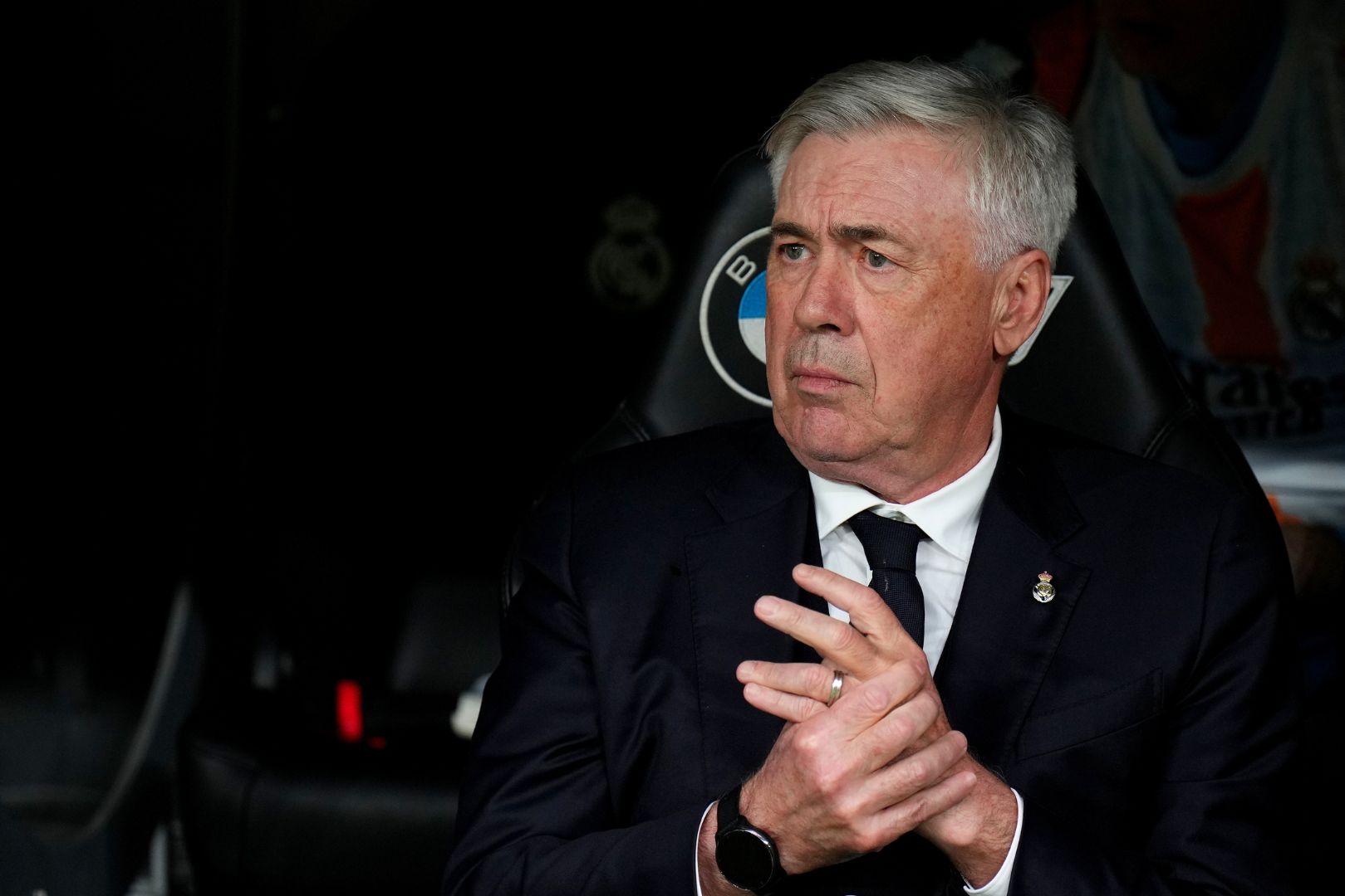 MADRID, SPAIN - FEBRUARY 23: Carlo Ancelotti, Head Coach of Real Madrid, looks on prior to the LaLiga match between Real Madrid CF and Girona FC at Estadio Santiago Bernabeu on February 23, 2025 in Madrid, Spain.