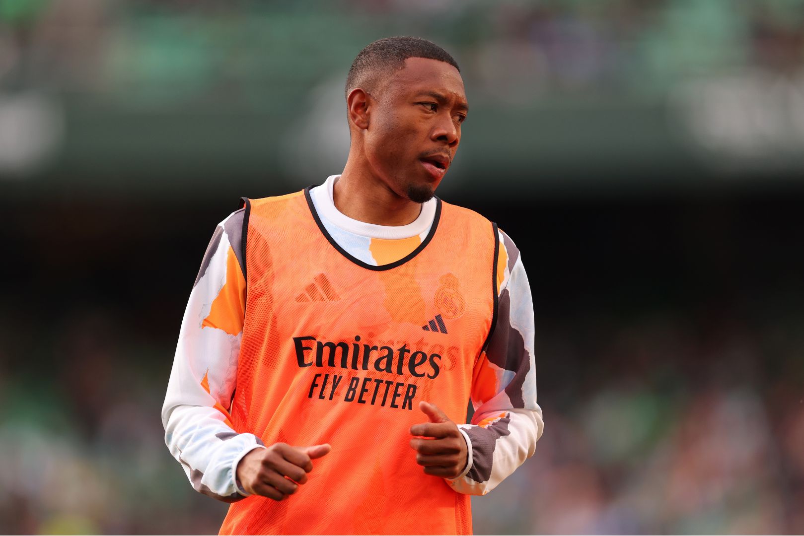 SEVILLE, SPAIN - MARCH 01: David Alaba of Real Madrid warms up prior to the LaLiga match between Real Betis Balompie and Real Madrid CF at Estadio Benito Villamarin on March 01, 2025 in Seville, Spain.