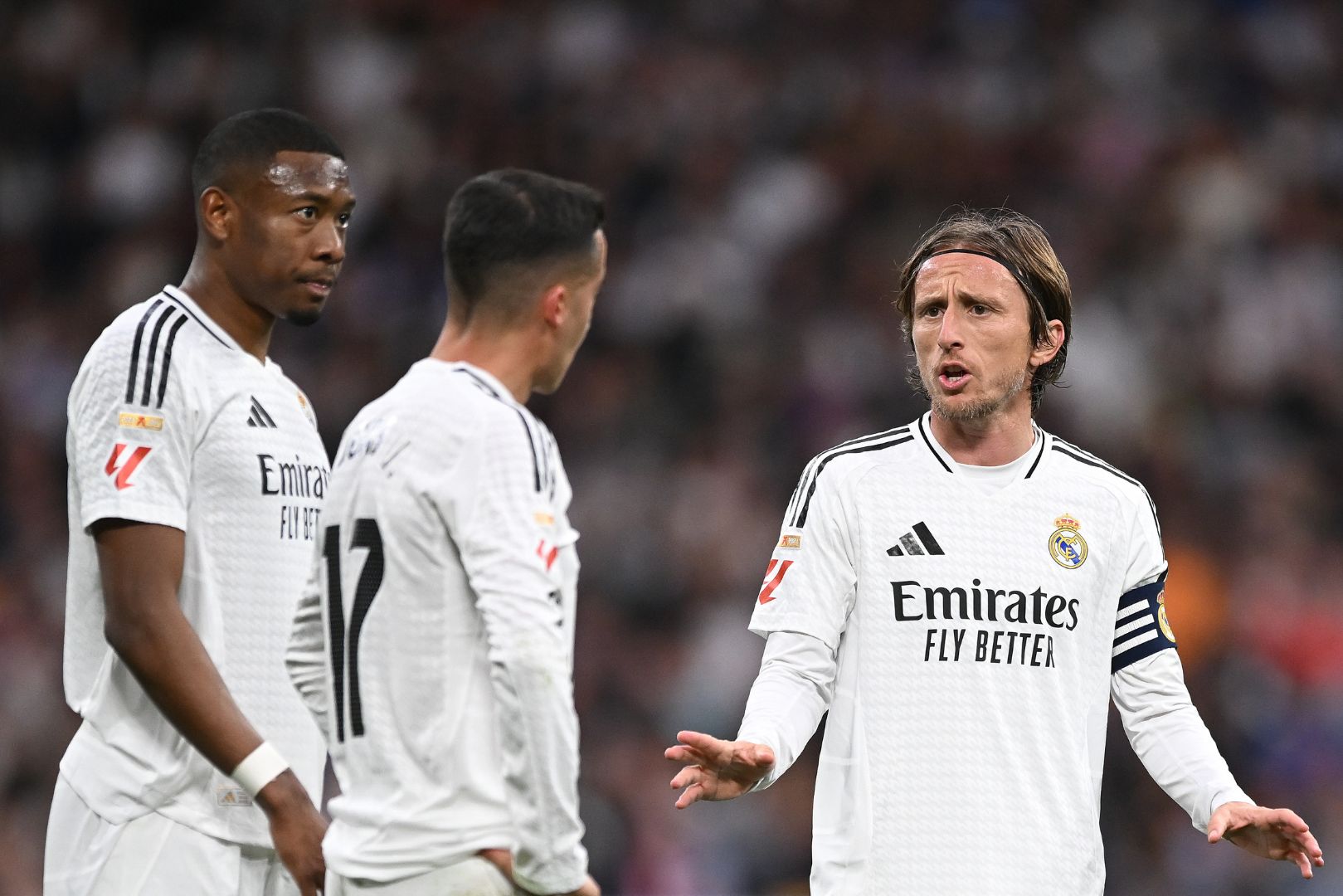 MADRID, SPAIN - FEBRUARY 23: Luka Modrik of Real Madrid reacts during the LaLiga match between Real Madrid CF and Girona FC at Estadio Santiago Bernabeu on February 23, 2025 in Madrid, Spain.