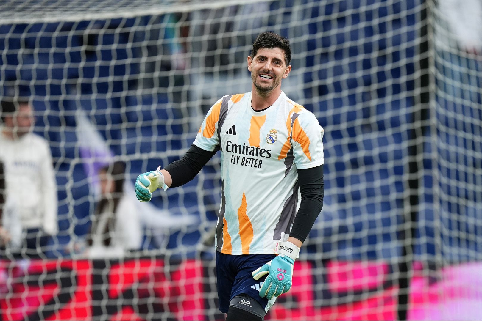 MADRID, SPAIN - FEBRUARY 23: Thibaut Courtois of Real Madrid reacts during the warm up prior to the LaLiga match between Real Madrid CF and Girona FC at Estadio Santiago Bernabeu on February 23, 2025 in Madrid, Spain.
